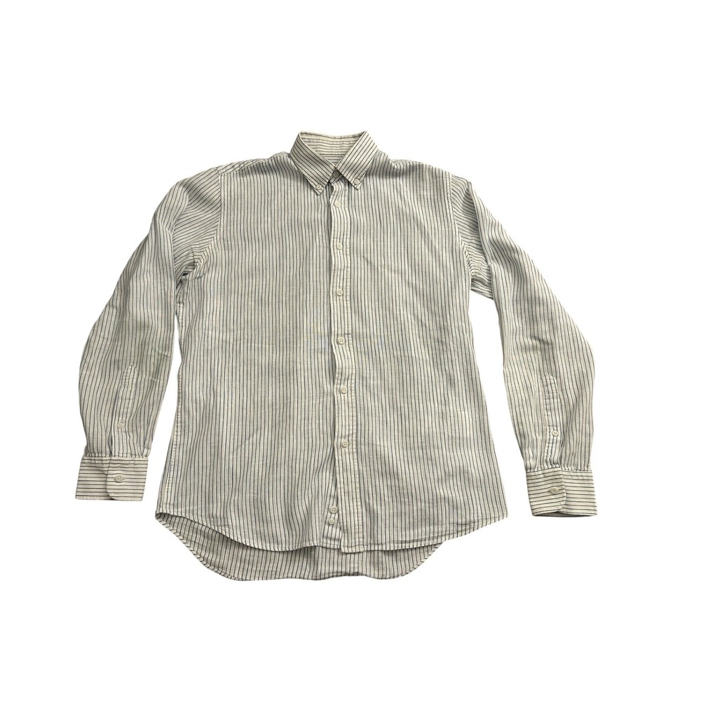 D'S Damat Button Down Shirt Mens S Blue White Stripe Excellent Regular Fit Linen